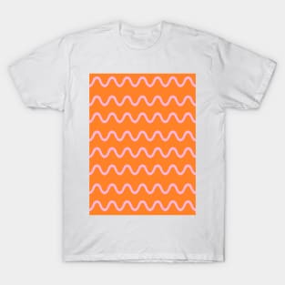 Wavy, Squiggly Lines, Pink on Orange T-Shirt